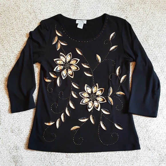 Coral Bay Black Holiday Top Gold Silk Poinsettias Beading 3/4 Sleeve Sz S - Picture 13 of 13